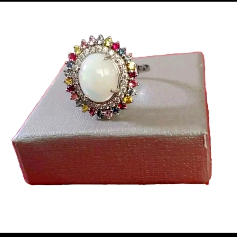 Ethiopian Welo opal, multi Sapphire, & Zircon Halo Cocktail Ring Platinum Plated